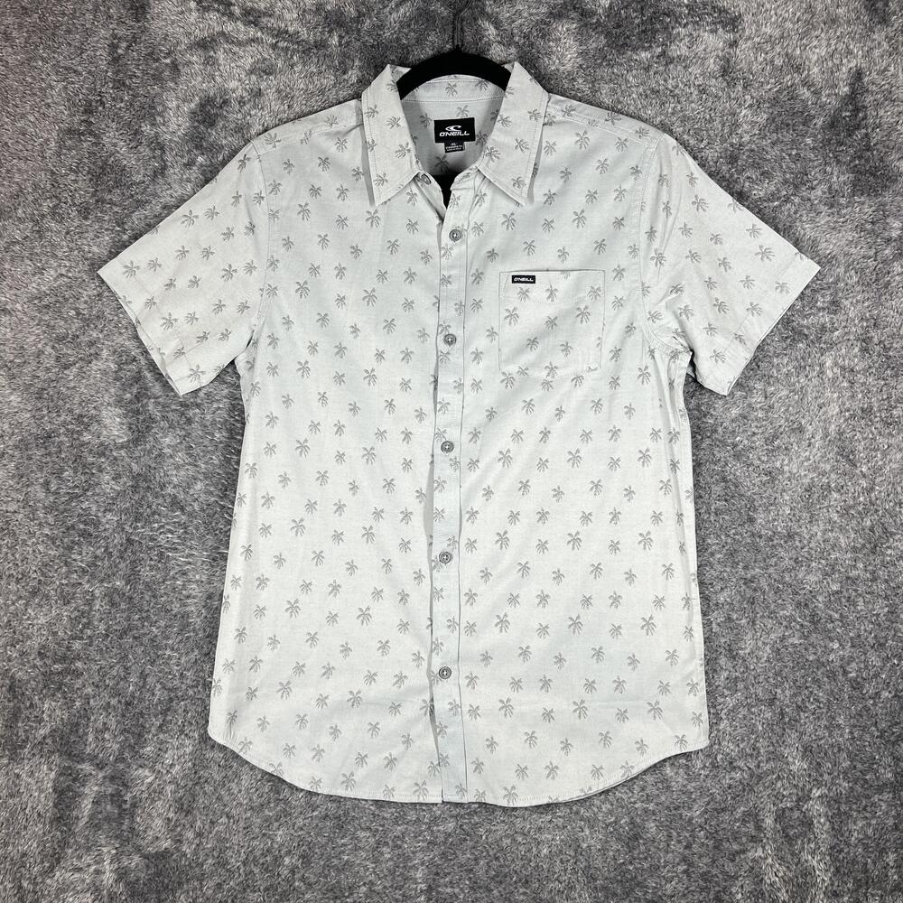 O'Neill Shirt Boys XL Gray Short Sleeve Button-Up Palm Tree Print Cotton